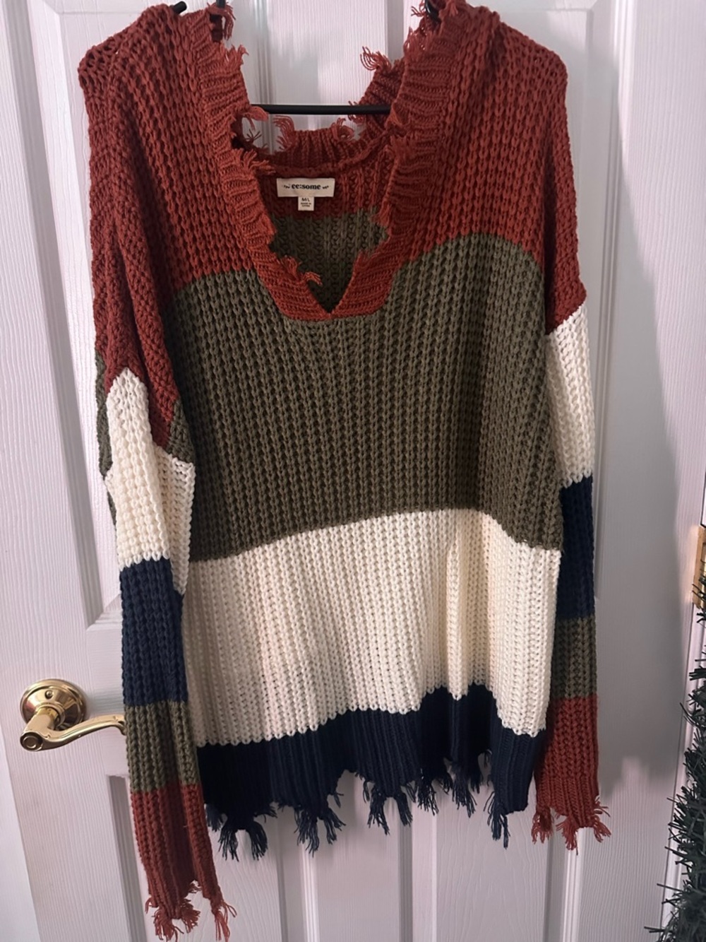 eesome Colorblock Distressed Turtleneck Sweater in Rust, Olive, Cream & Navy